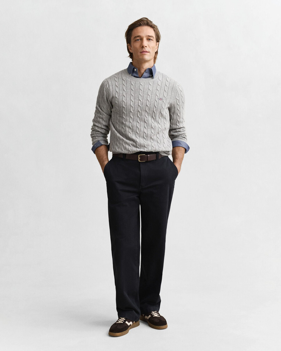 maglione girocollo in maglia di cotone a trecce - grigio melange