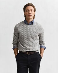maglione girocollo in maglia di cotone a trecce - grigio melange