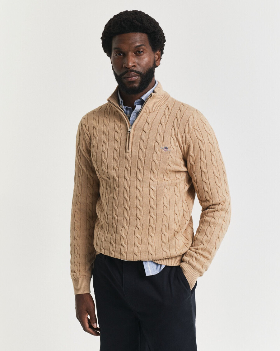 maglione in maglia di cotone con mezza zip - cachi melange