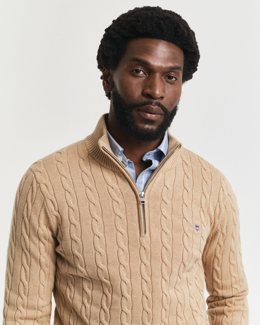 maglione in maglia di cotone con mezza zip - cachi melange