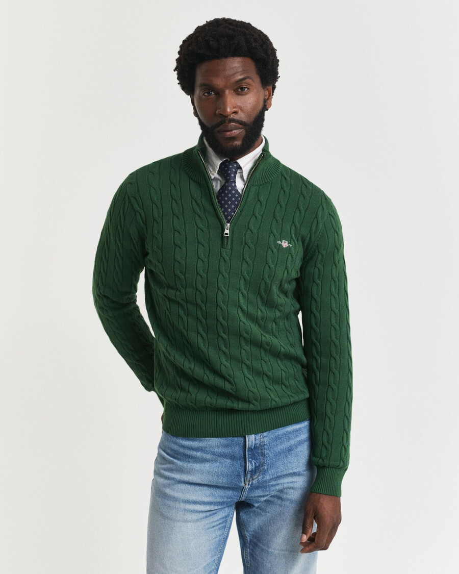 maglione in maglia di cotone con mezza zip - verde foresta