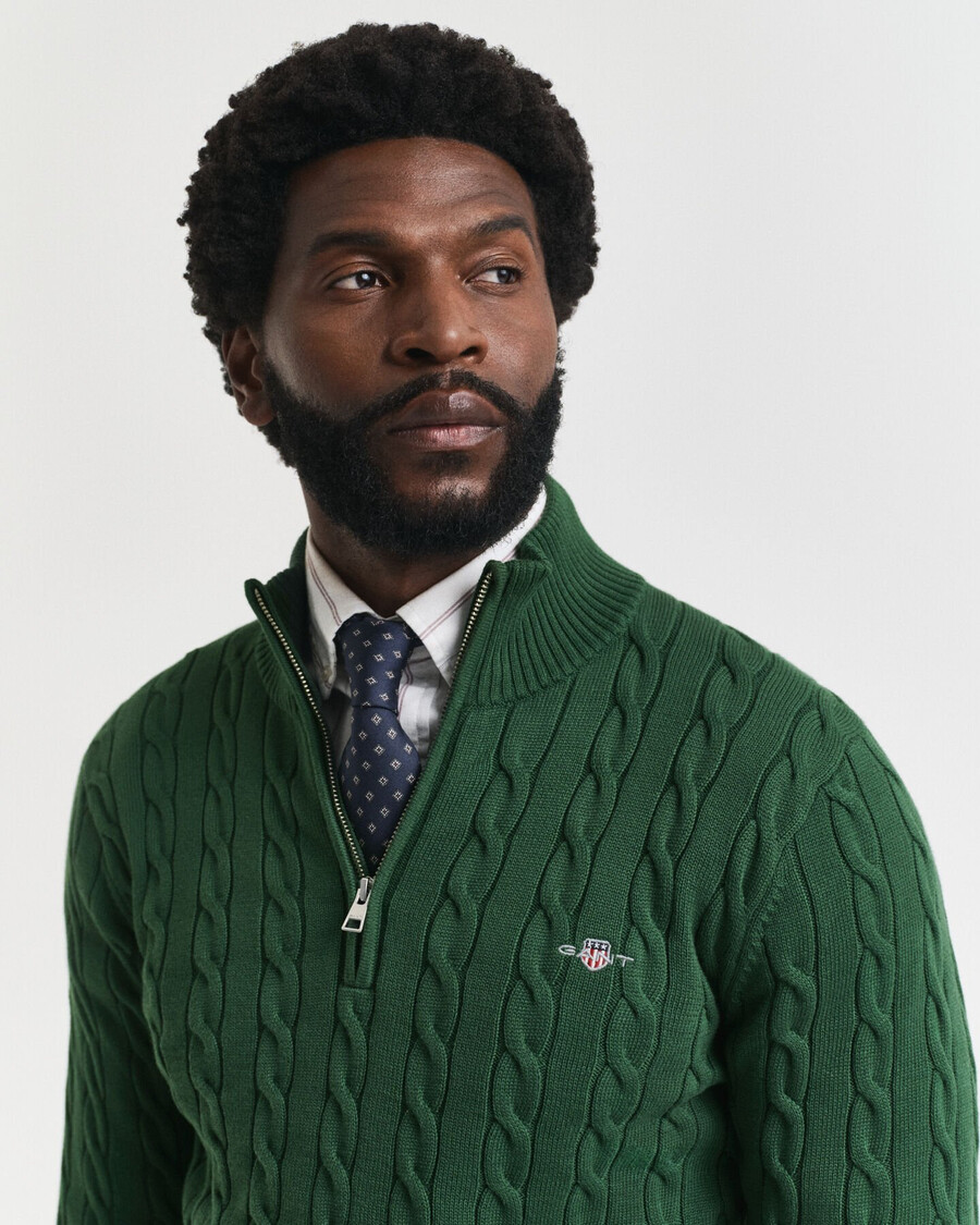 maglione in maglia di cotone con mezza zip - verde foresta