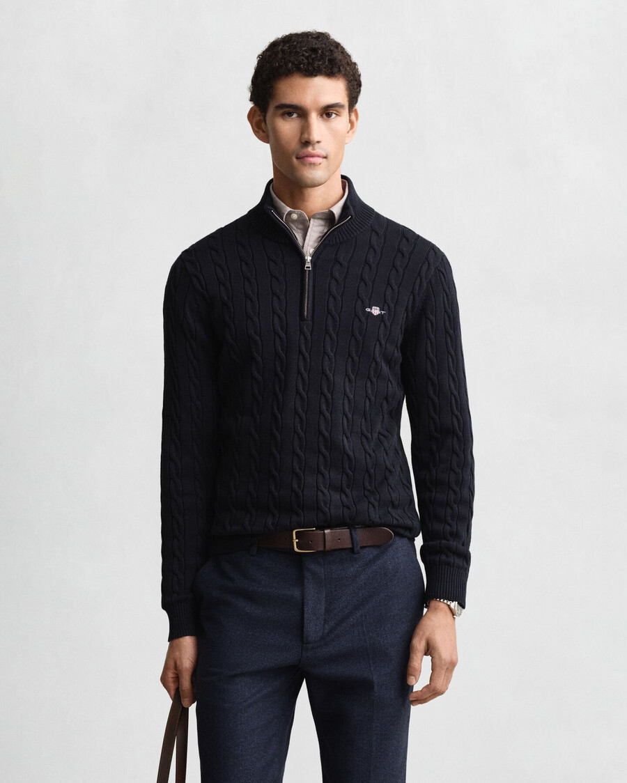 maglione in maglia di cotone con mezza zip - blu sera