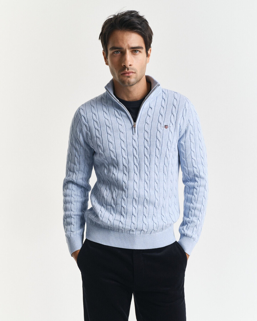 maglione in maglia di cotone con mezza zip - melange blu ghiaccio