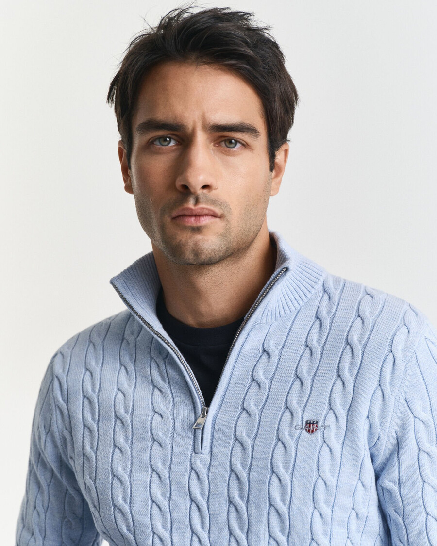 maglione in maglia di cotone con mezza zip - melange blu ghiaccio