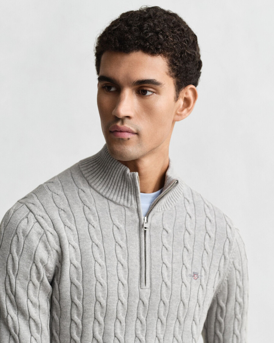 maglione in maglia di cotone con mezza zip - grigio melange