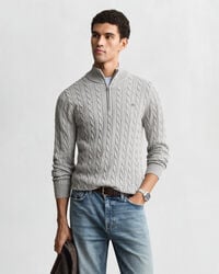 maglione in maglia di cotone con mezza zip - grigio melange