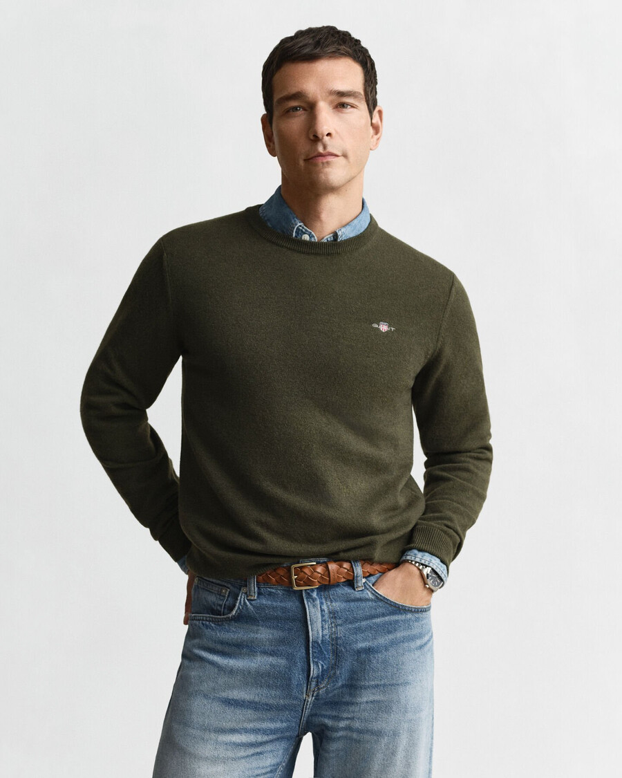 maglione girocollo in lana dagnello superfine - verde kaki melange