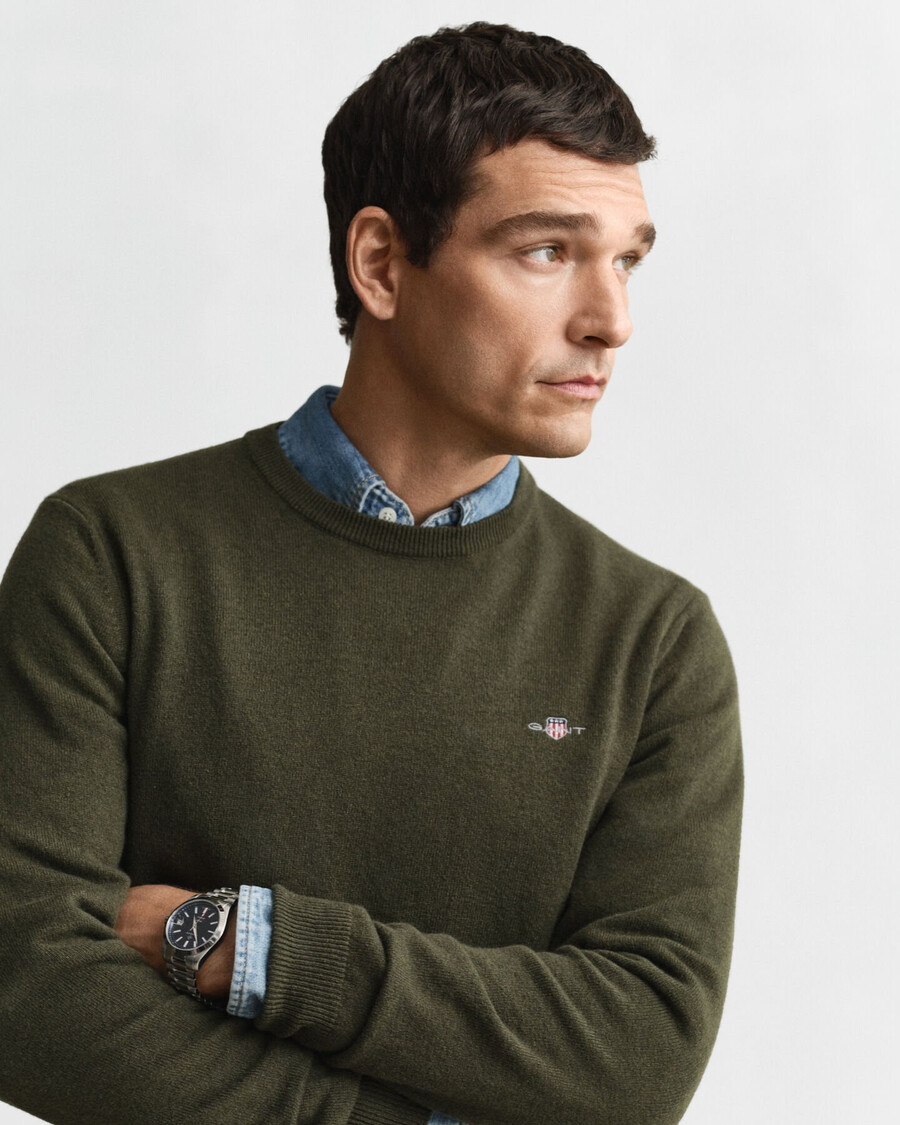 maglione girocollo in lana dagnello superfine - verde kaki melange