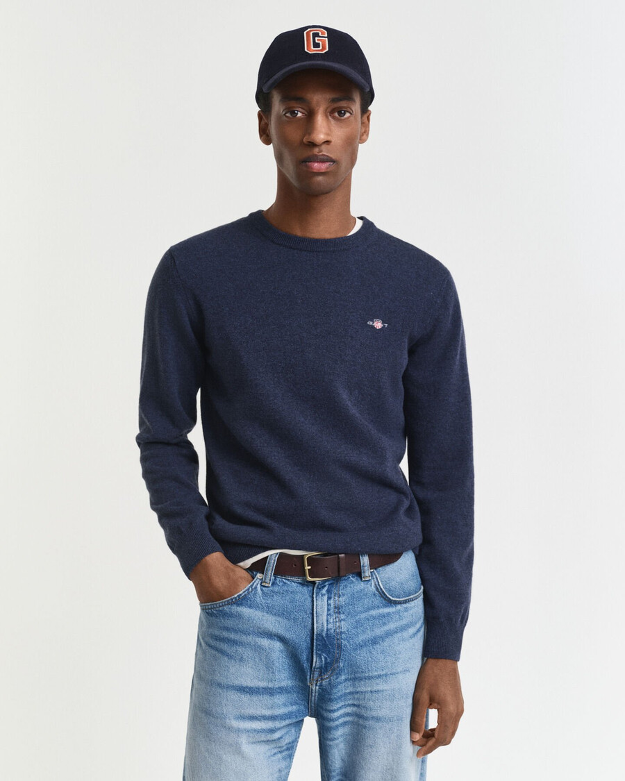 maglione girocollo in lana dagnello superfine - blu navy melange scuro