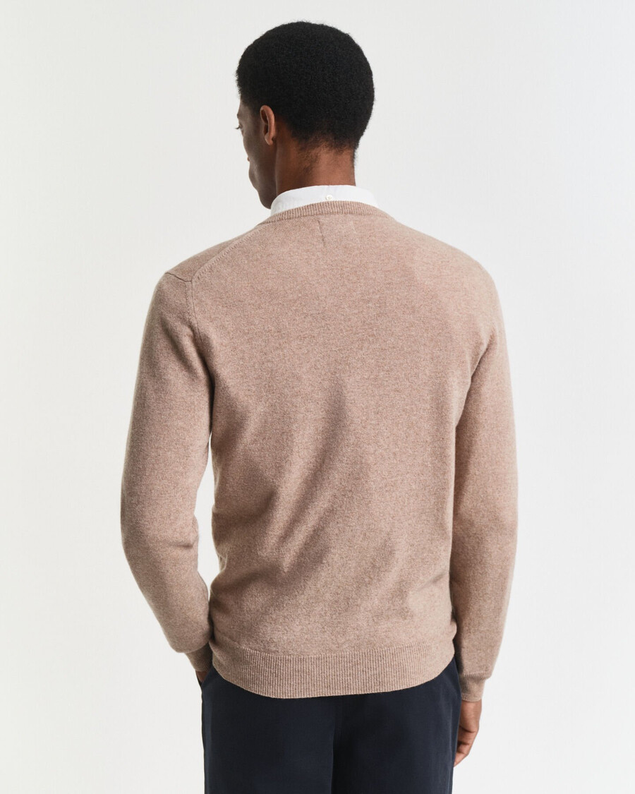 maglione con scollo a v in lana dagnello superfine - melange sabbia scura