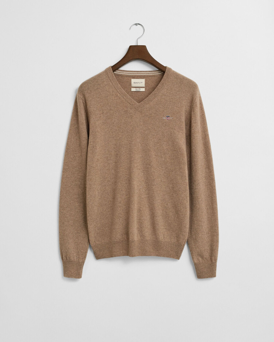 maglione con scollo a v in lana dagnello superfine - melange sabbia scura
