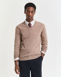 maglione con scollo a v in lana dagnello superfine - melange sabbia scura