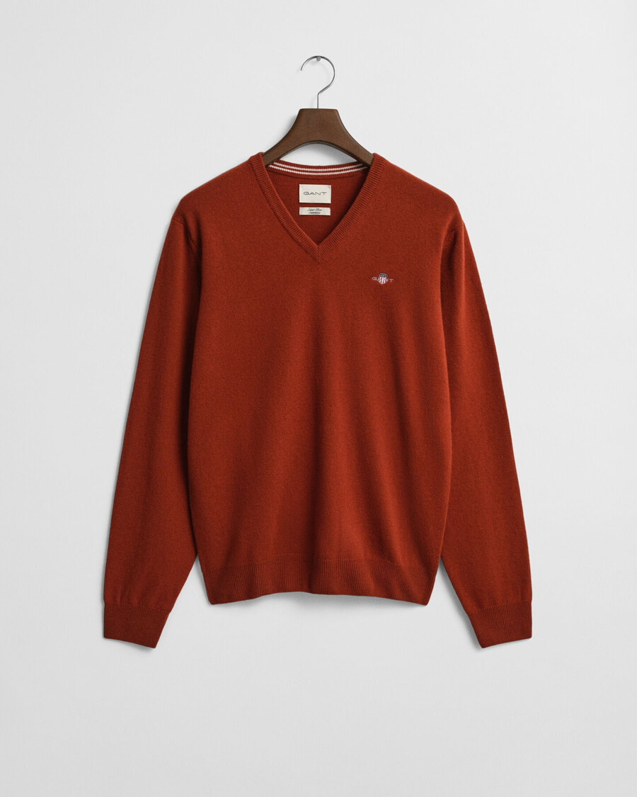 maglione con scollo a v in lana dagnello superfine - modern rust