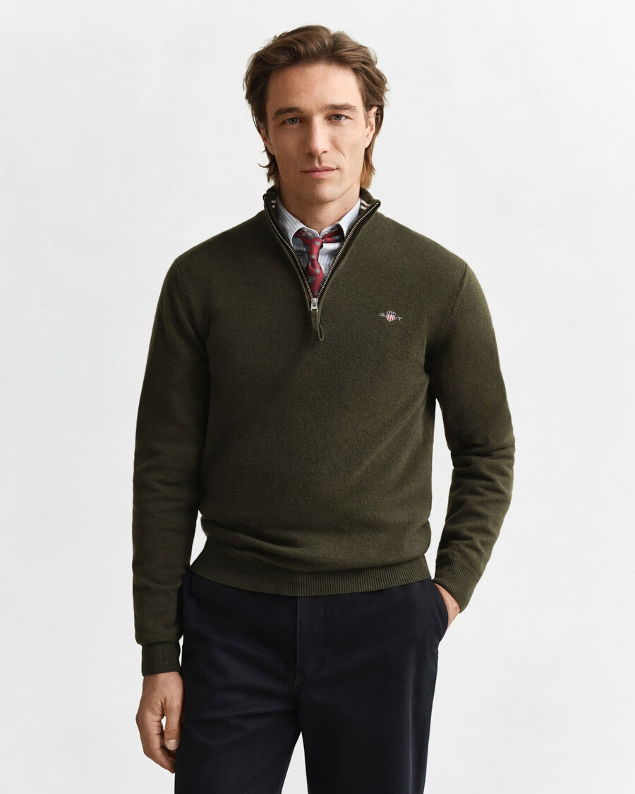 maglione con mezza zip in lana dagnello superfine - verde kaki melange
