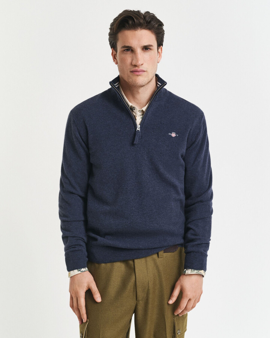 maglione con mezza zip in lana dagnello superfine - blu navy melange scuro
