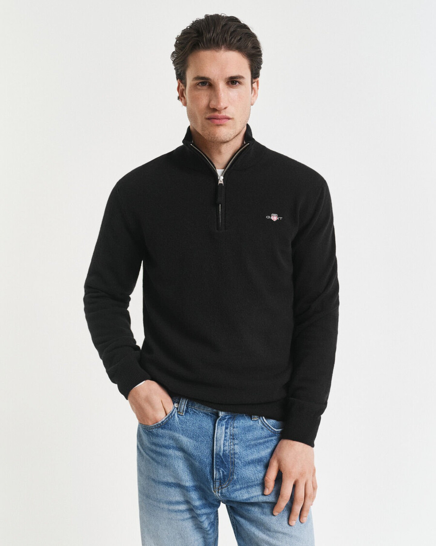 maglione con mezza zip in lana dagnello superfine - nero