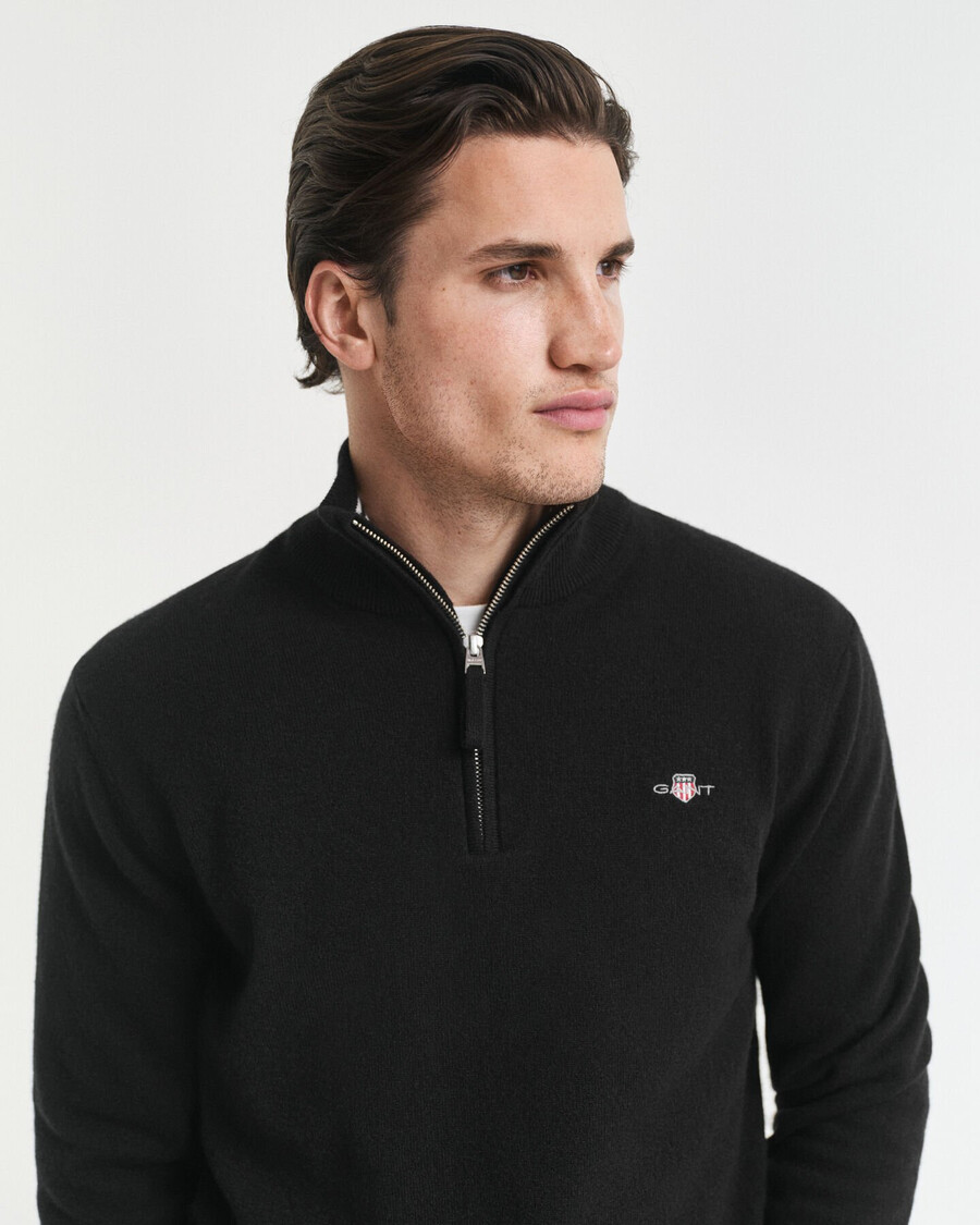 maglione con mezza zip in lana dagnello superfine - nero