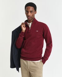 maglione con mezza zip in lana dagnello superfine - rosso arricciato