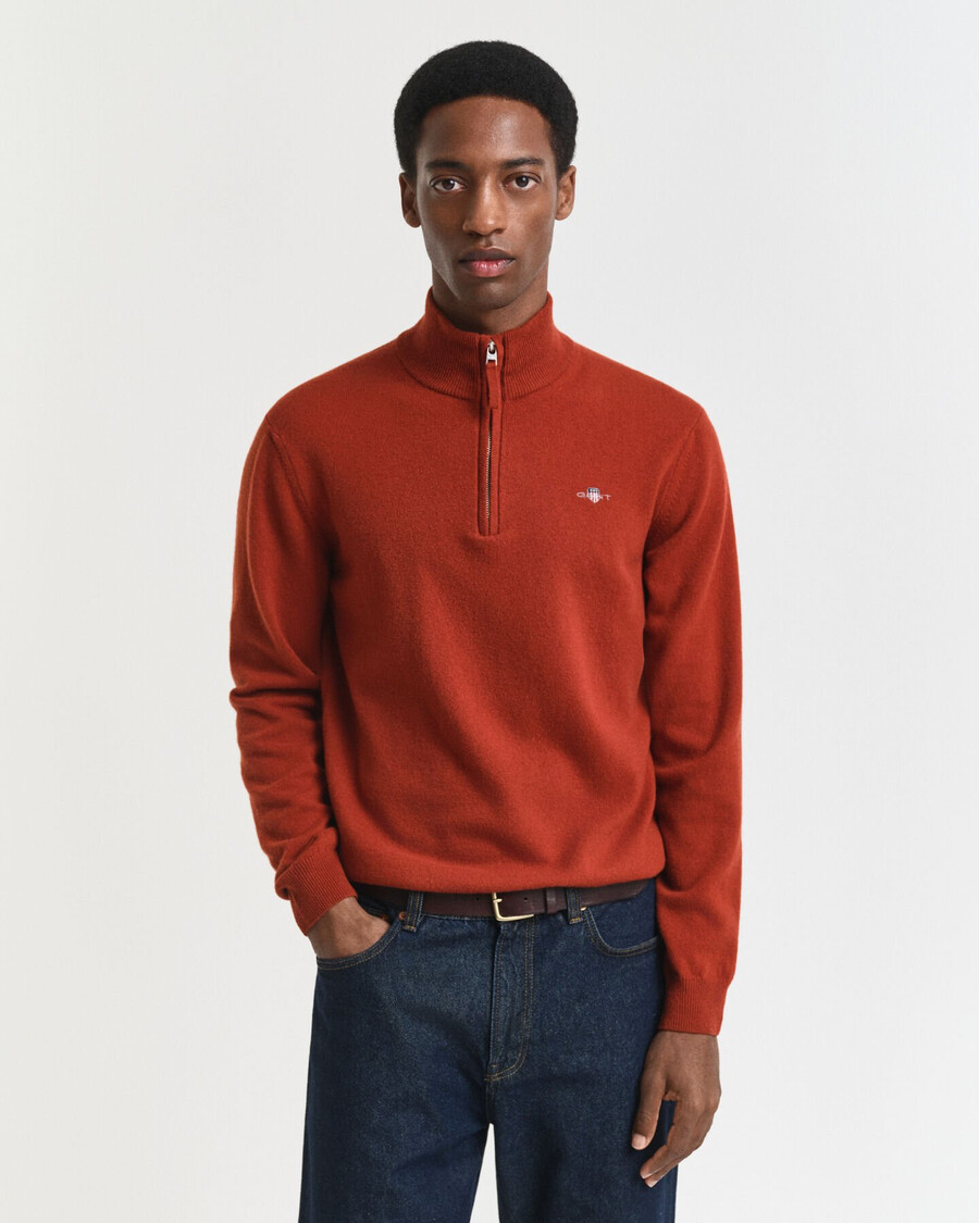 maglione con mezza zip in lana dagnello superfine - modern rust