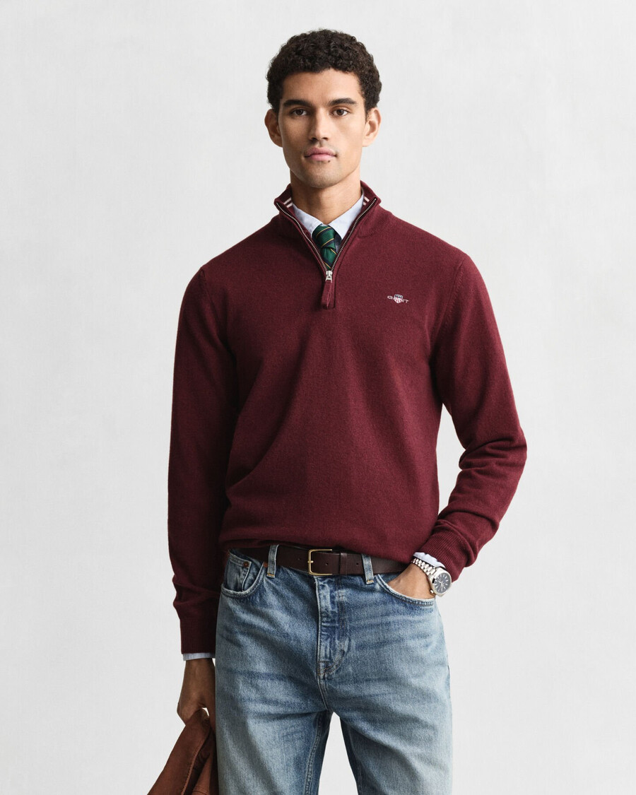 maglione con mezza zip in lana dagnello superfine - bordeaux melange