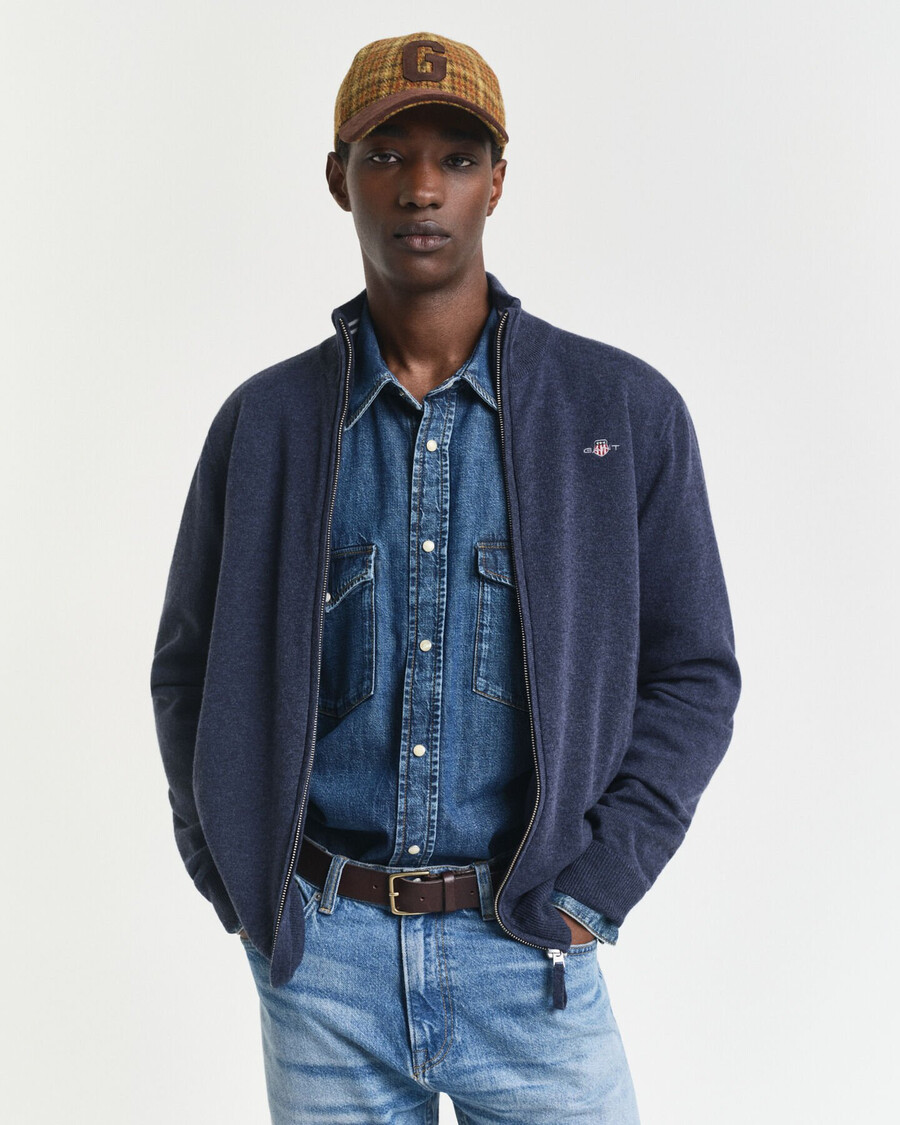 cardigan con cerniera in lana dagnello superfine - blu navy melange scuro