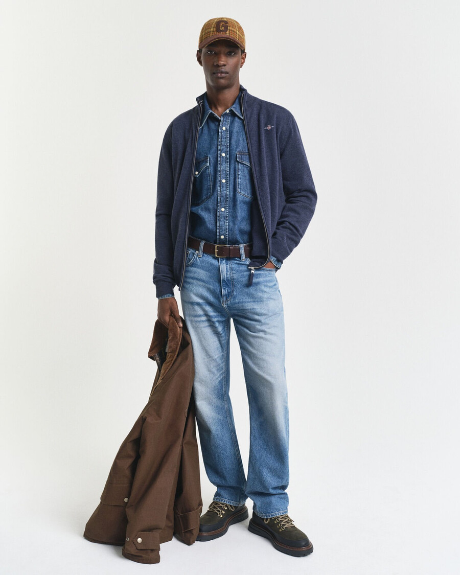 cardigan con cerniera in lana dagnello superfine - blu navy melange scuro