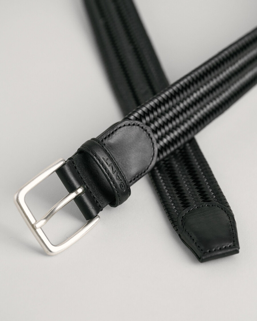 cintura elastica in pelle intrecciata - nera