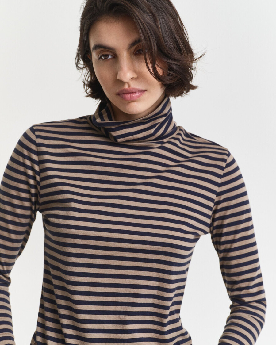 maglia a collo alto in cotone a righe leggero - beige talpa