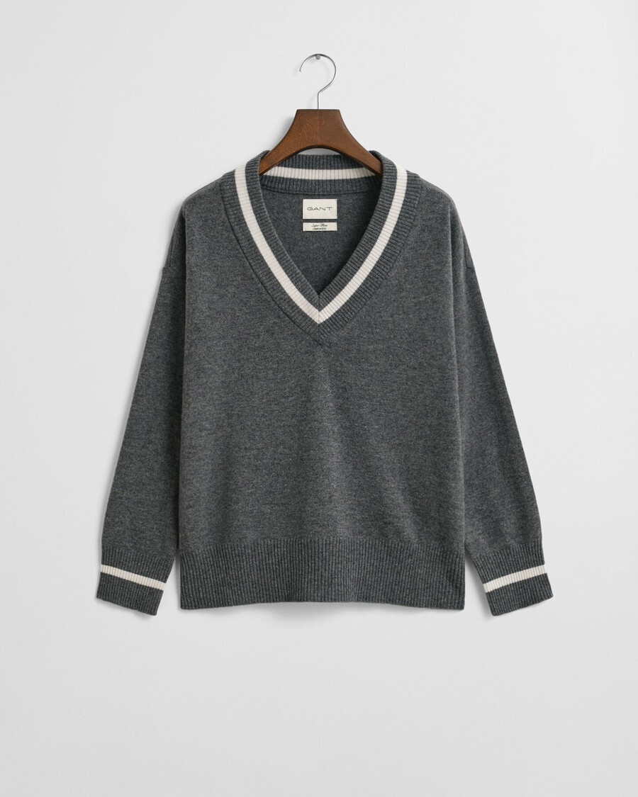 maglione con scollo a v a contrasto in lana dagnello superfine - melange antracite