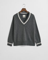 maglione con scollo a v a contrasto in lana dagnello superfine - melange antracite
