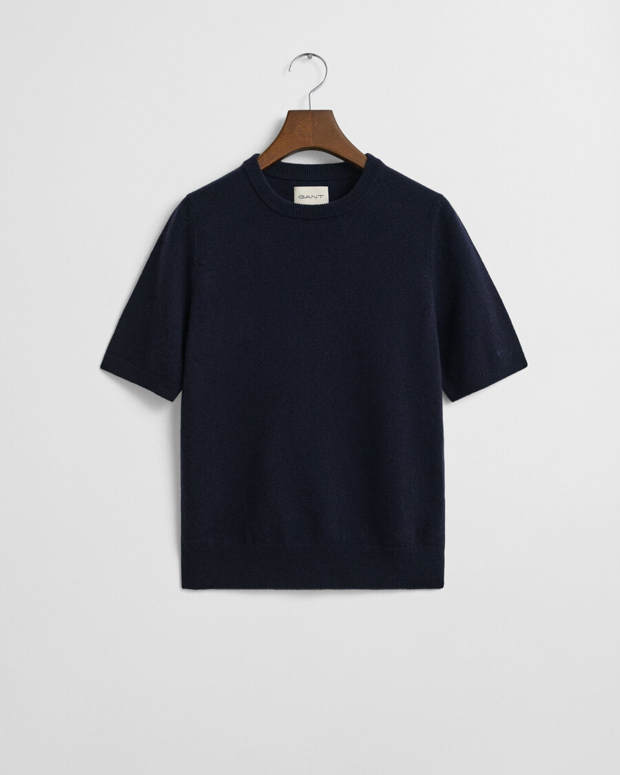 maglione girocollo a maniche corte in lana dagnello superfine - blu sera