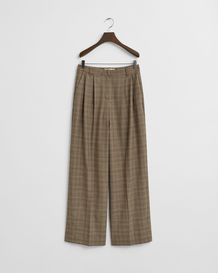 pantaloni in misto lana a quadri con pieghe - marrone scuro