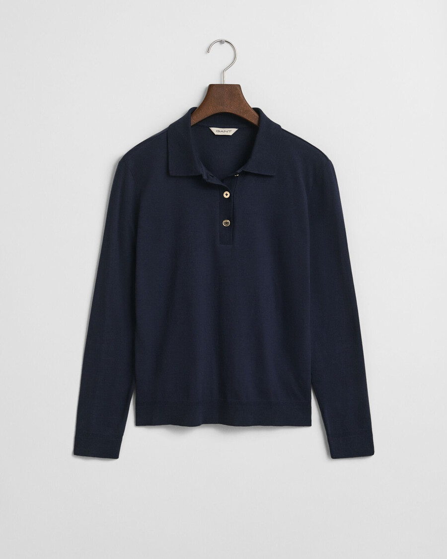 polo a maniche lunghe senza cuciture con bottoni - blu sera