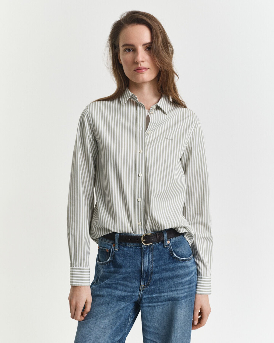 camicia in popeline a righe classiche vestibilità regolare - salvia sbiadita