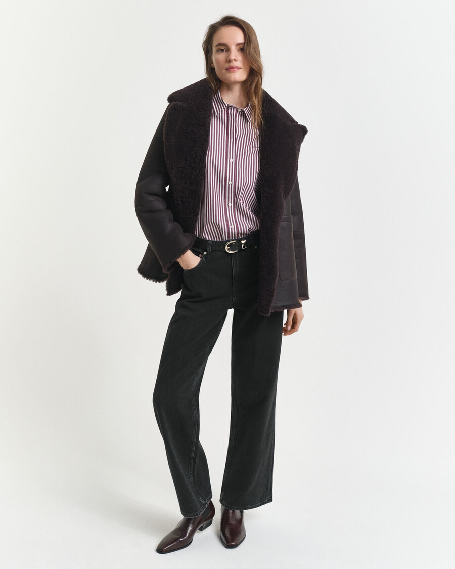 camicia in popeline a righe classiche vestibilità regolare - prugna vino
