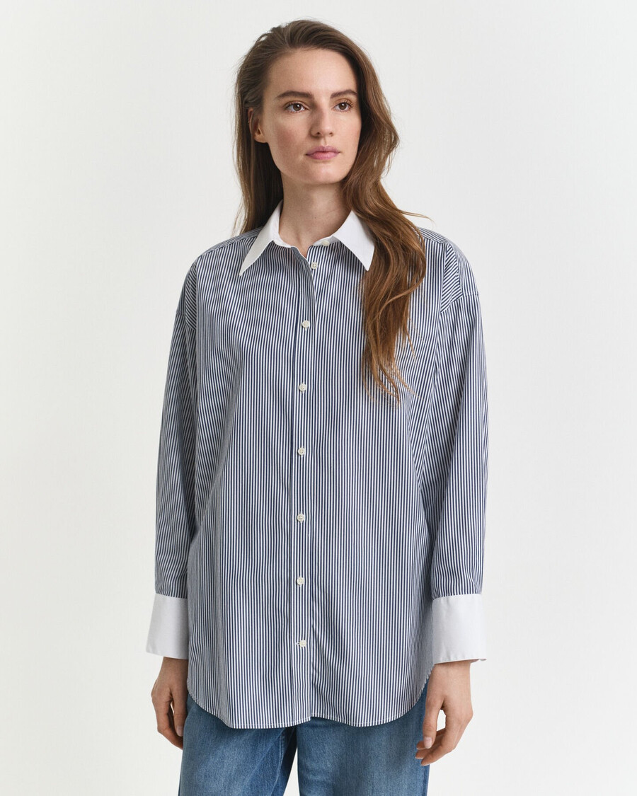 camicia a righe oversize con colletto a contrasto - blu persiano