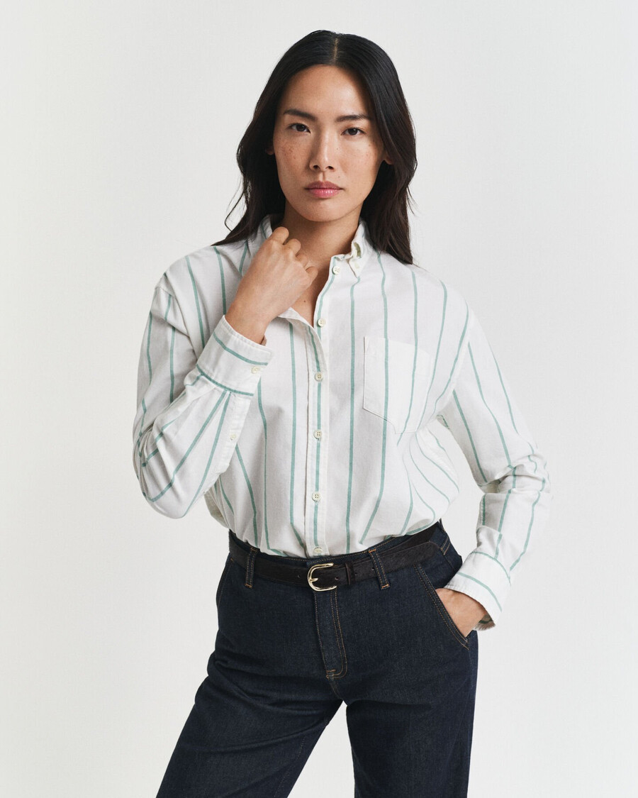 camicia oxford a righe classiche dal taglio rilassato - verde intenso