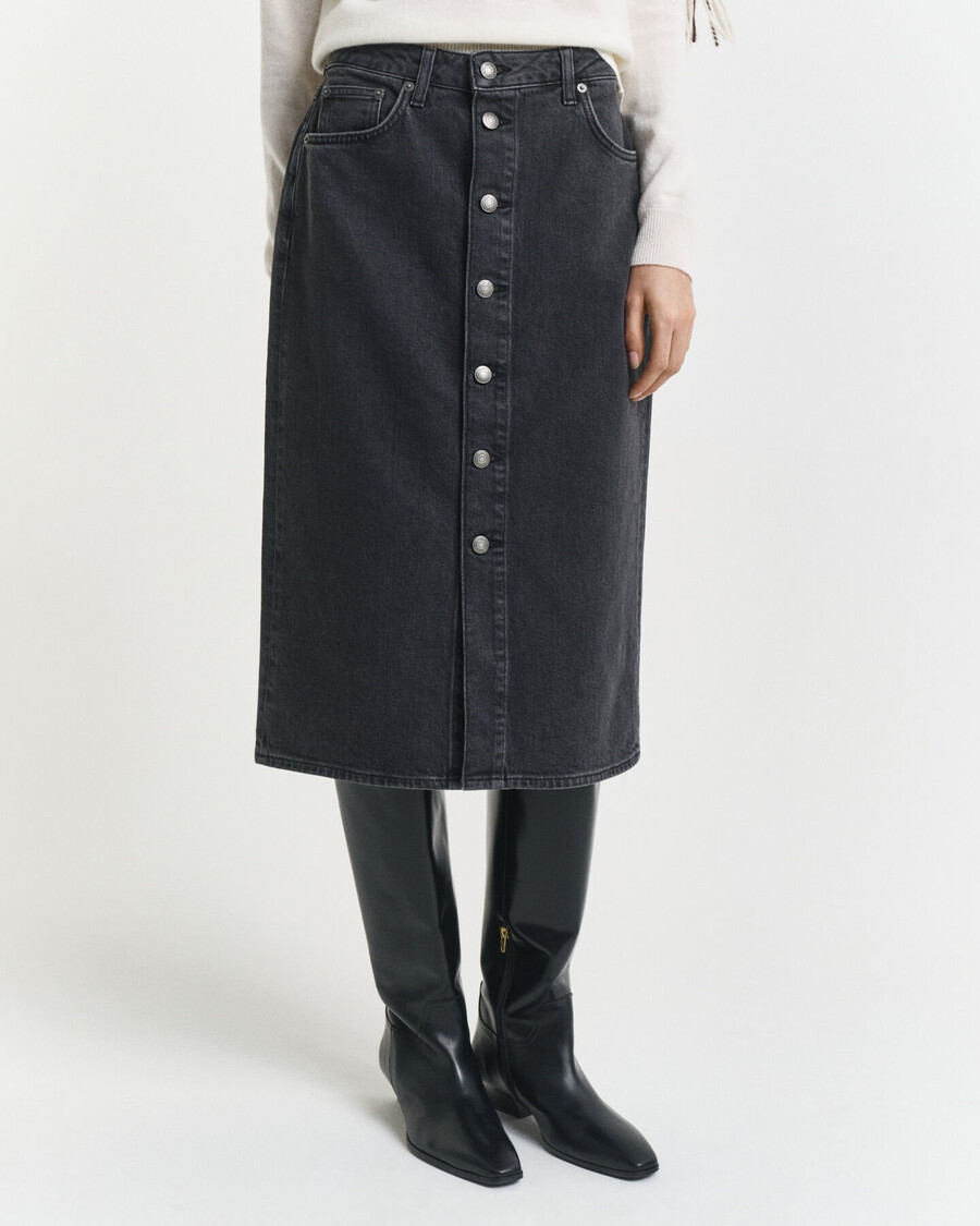 gonna midi in denim con bottoni - nera spezzata