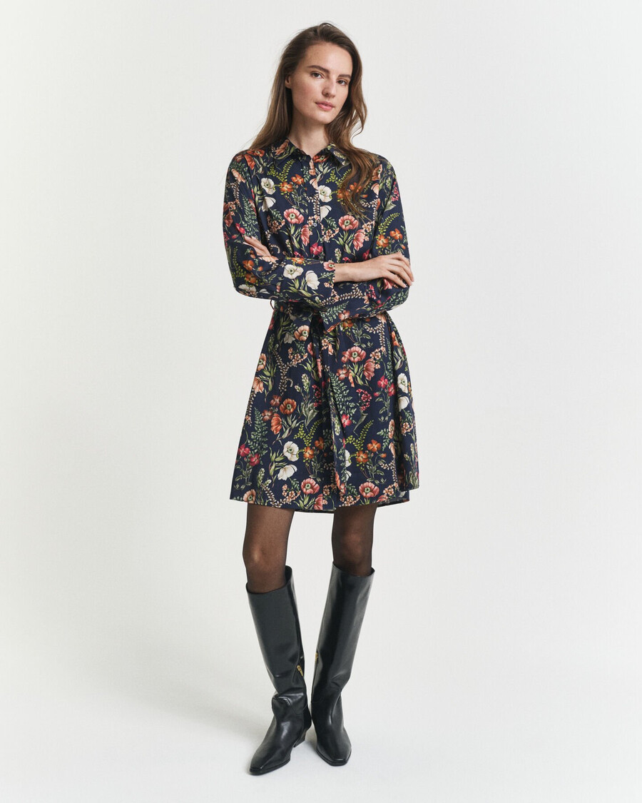 abito camicia in viscosa con stampa floreale - blu sera