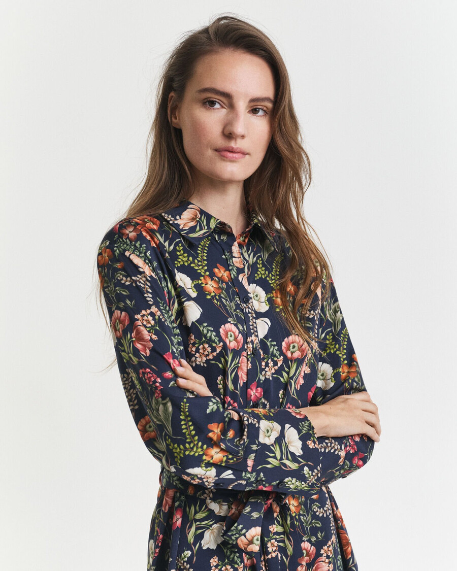 abito camicia in viscosa con stampa floreale - blu sera