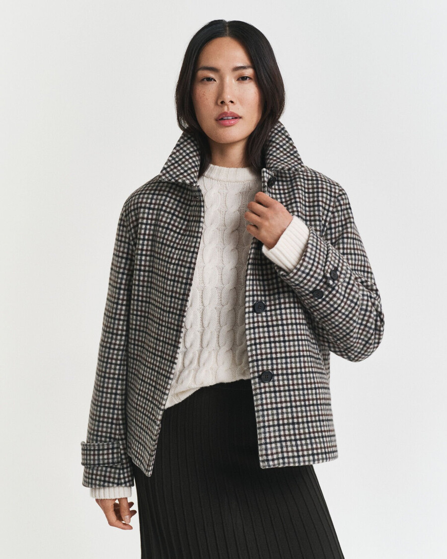 cappotto corto in misto lana a quadri - putty