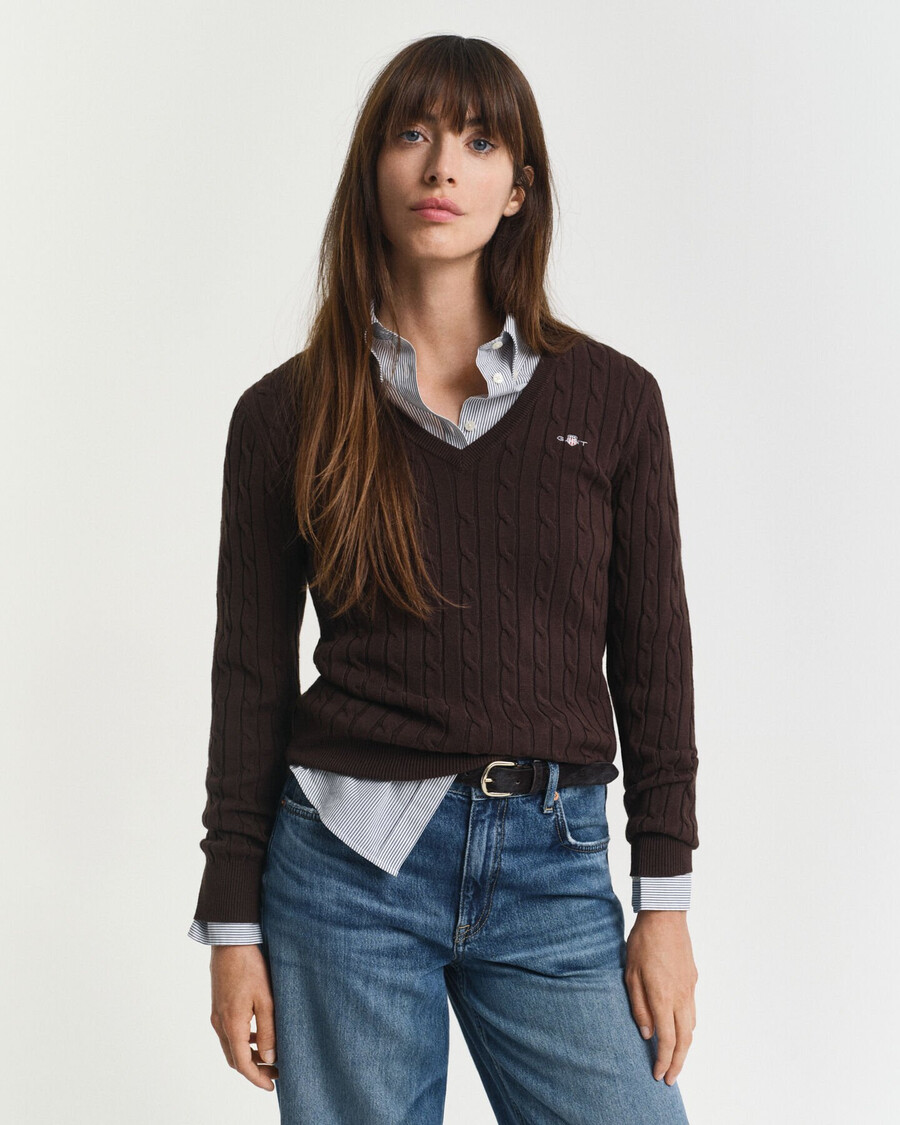maglione con scollo a v in maglia di cotone elasticizzato - marrone scuro