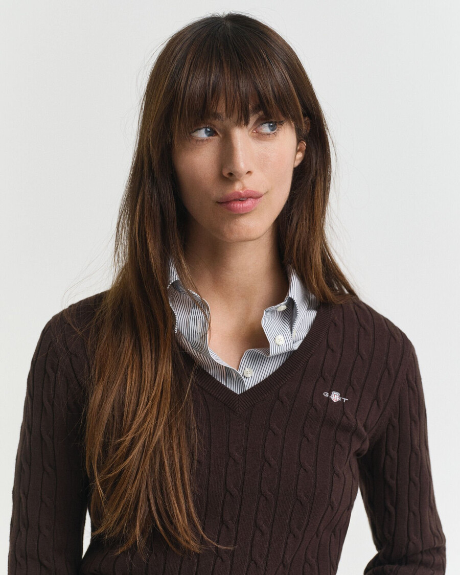 maglione con scollo a v in maglia di cotone elasticizzato - marrone scuro