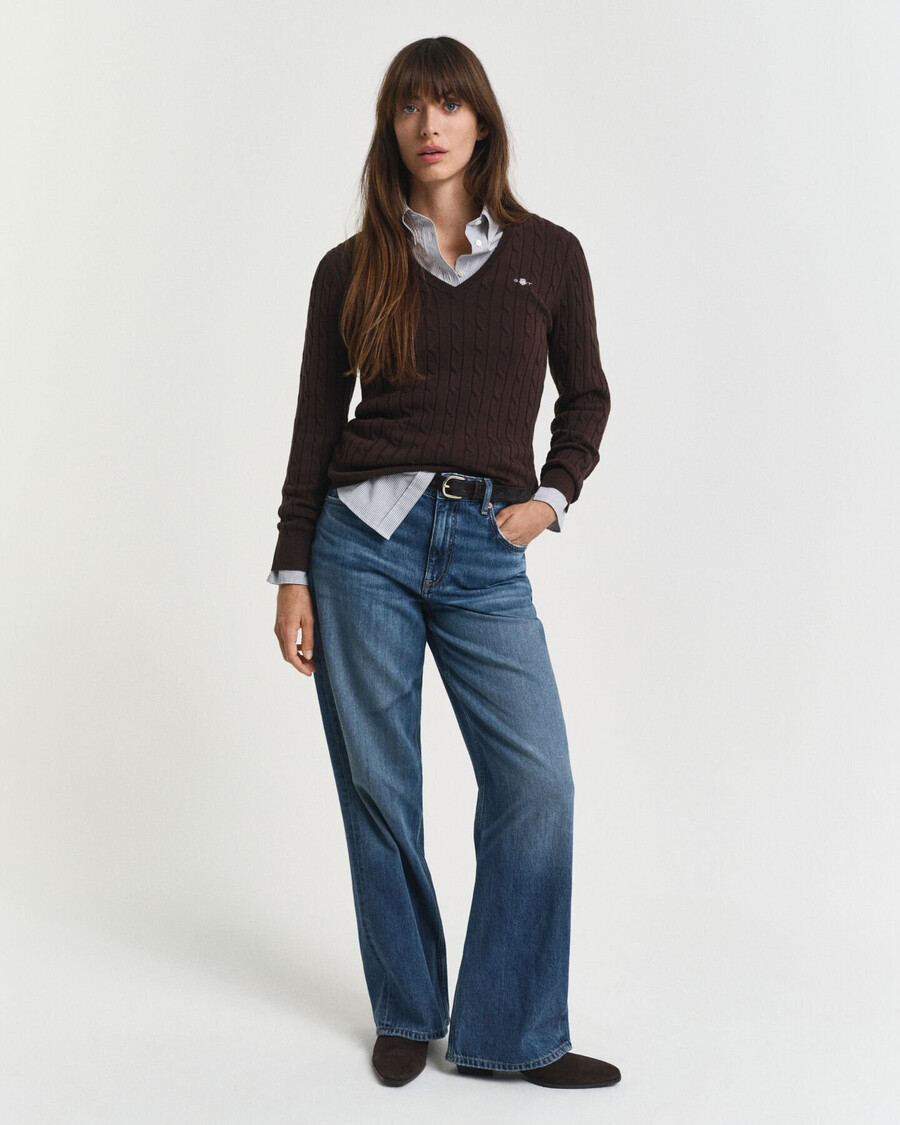 maglione con scollo a v in maglia di cotone elasticizzato - marrone scuro