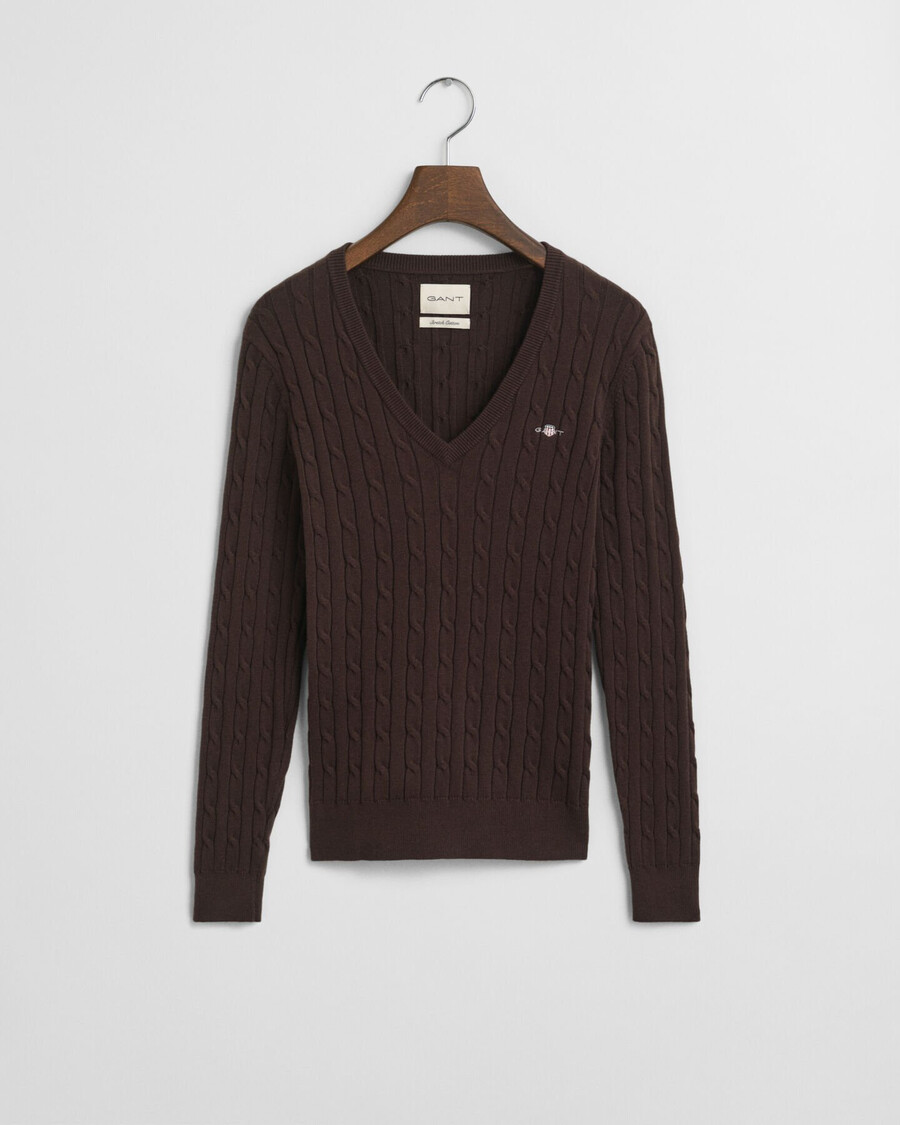 maglione con scollo a v in maglia di cotone elasticizzato - marrone scuro