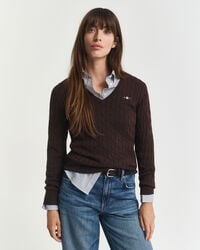 maglione con scollo a v in maglia di cotone elasticizzato - marrone scuro