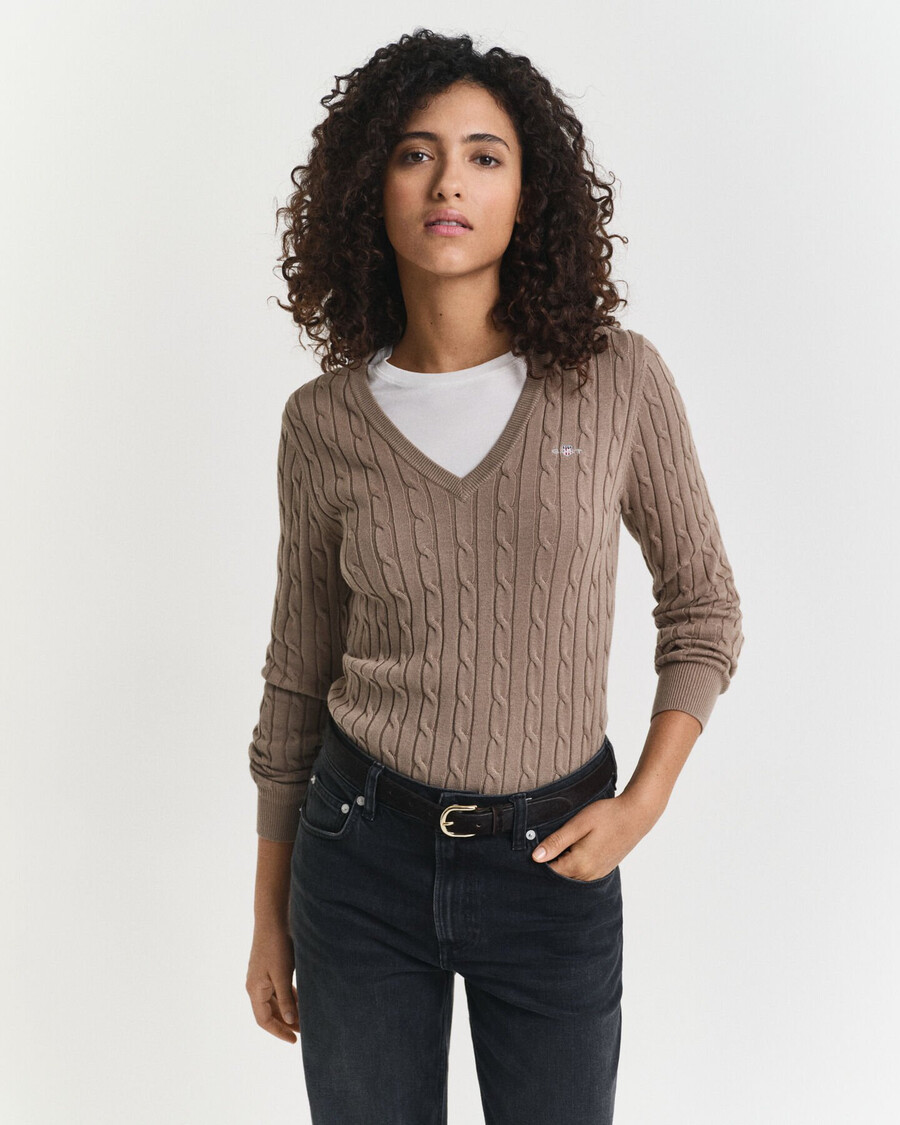 maglione con scollo a v in maglia di cotone elasticizzato - beige talpa