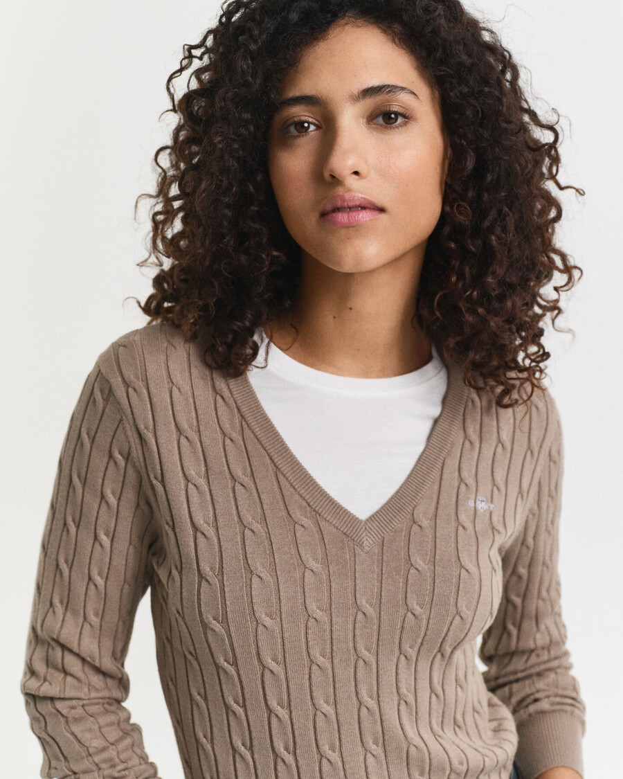 maglione con scollo a v in maglia di cotone elasticizzato - beige talpa