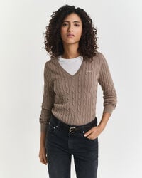 maglione con scollo a v in maglia di cotone elasticizzato - beige talpa